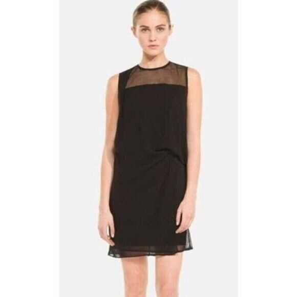 Sandro Roxane Solid Black Mesh Gathered Sleeveless Mini Dress Size Medium - Picture 1 of 12